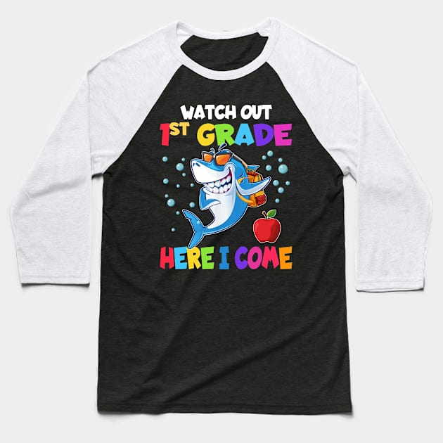 Watch Out 1st Grade Here I Come Dabbing Shark- Back To School Baseball T-Shirt by bunnierosoff21835